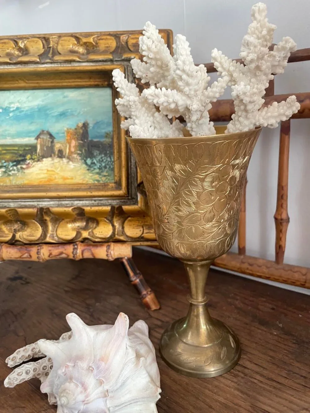3 piece Vintage Brass Decor Collection Hammered Brass Bowl, Goblet & cachepot